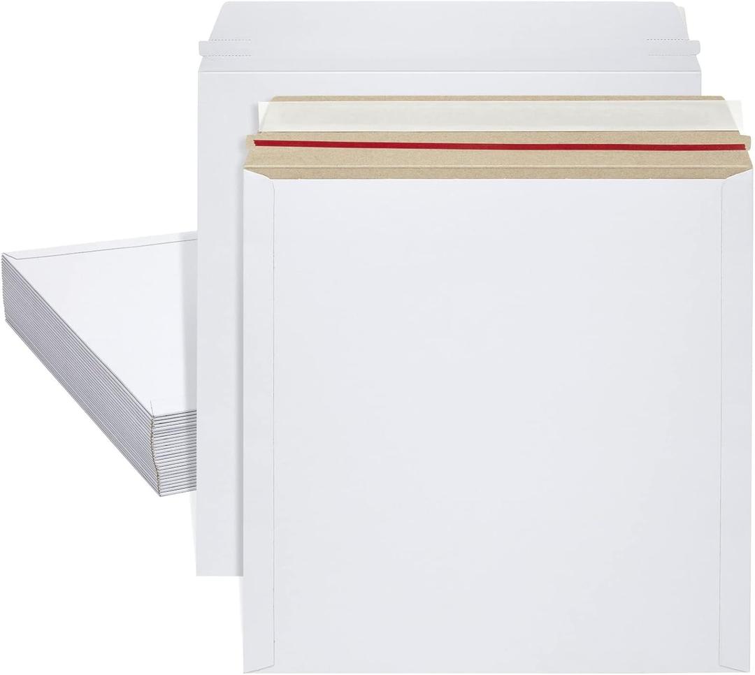 Stay Flat Rigid Mailers with Self Adhesive Seal, Bulk White Cardboard Envelopes for Shipping Photos, Mailing Calendars, Art Prints, CDs, Documents (12x12 inches)25-Pack