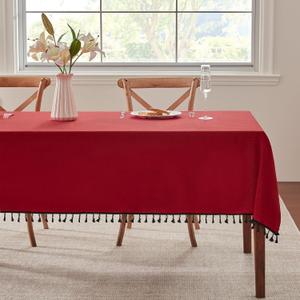 Alsoo Textured Tablecloths for Rectangle Tables Heavy Duty Linen Style Table Cloth Spill Proof Valentines Day Table Cover with Black Tassel for Kitchen Dining Holiday, Red, 55" x 90"