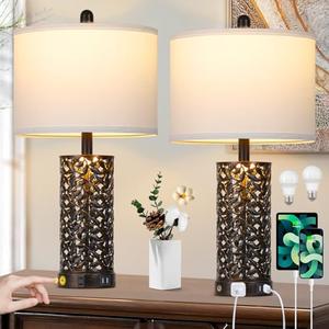 Cinkeda Vintage Lamp for Living Room Set of 2,Rustic Retro Bedside Nightstand Lamps with 2 USB Ports & AC Outlet,Touch Control Industrial Desk Lamp for Bedroom Entryway,Black with Bronze Bruch