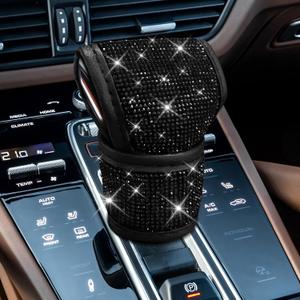 Crystal Auto Gear Shift Cover Bling Car Accessories, Shift Knob Cover, Leather Car Knob Gear Stick Protector with Rhinestones, Auto Diamond Shifter Lever Protector for Most Vehicles (Black)