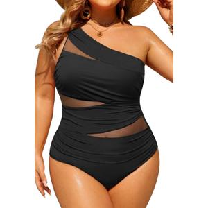 Aqua Eve Plus Size One Piece Swimsuit for Women Tummy Control Bathing Suits One Shoulder Swimwear (Black Mesh) 20W