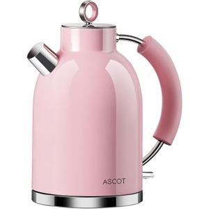 Electric Kettle, ASCOT Glass Electric Tea Kettle 1.5L 1500W Retro Tea Heater & Hot Water Boiler, No Plastic, BPA-Free, Cordless, with Auto Shut-Off and Boil-Dry Protection (Pink)