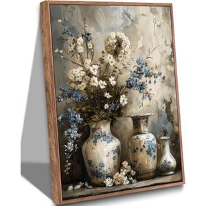 Framed Rustic Farmhouse Floral Canvas Wall Art Blue and White Vase Poster Prints Vintage Still Life Flower Picture Elegant Rural Countryside Painting Wall Decor for Living Room Office Bedroom 16x24in