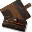Leather Checkbook Cover with Pen Loop, Full Grain Check Book Holder Wallet for Personal & Duplicate Checks, Slim Money Organizer for Men & Women  Brown
