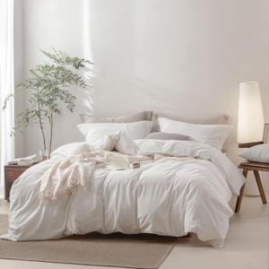 Linen Feel Off White Duvet Cover Super Queen Size 98'' L x 90'' W, 100% Washed Cotton Duvet Cover with Zipper Closure Plus 2 Pillowcases, Cozy and Breathable