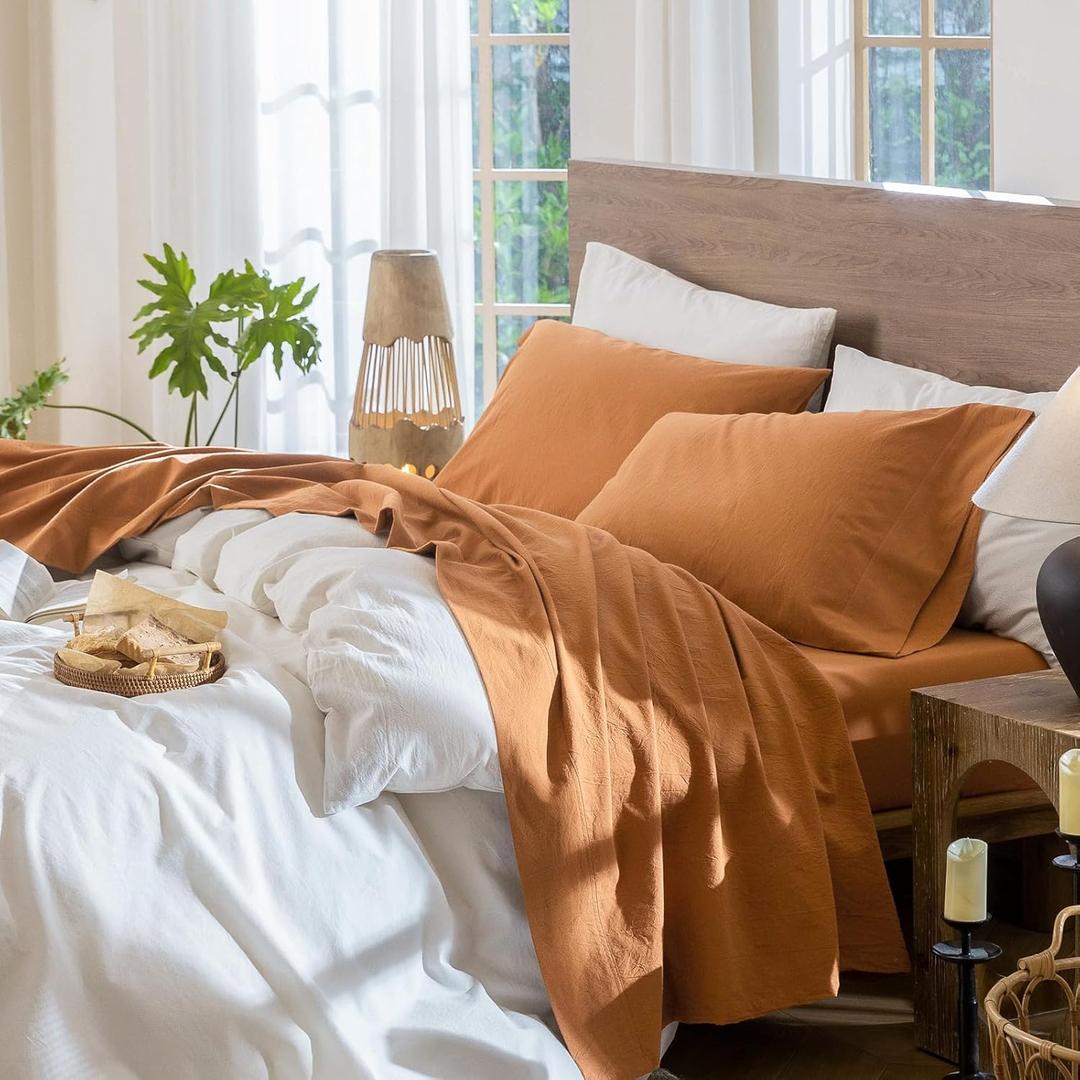MooMee Bedding Sheet Set 100% Washed Cotton Linen Like Textured Breathable Durable Soft Comfy (Solid Burnt Orange, King)