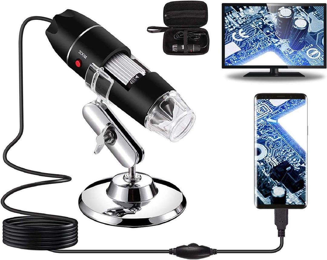 USB Digital Microscope 40X to 1000X, 8 LED Magnification Endoscope Camera with Carrying Case & Metal Stand, Compatible for Android Windows 7 8 10 11 Linux Mac (Not for iPhone/iPad)