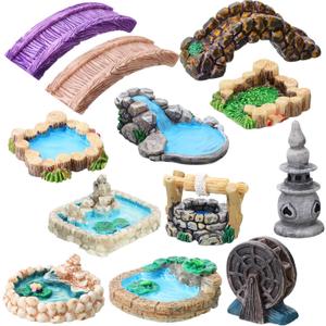 Jetec 12 Pcs Mini Fairy Garden Accessories Miniature Tiny Stone Bridge Mini Pond Lighthouse Water Well Waterwheel Figurines Resin Ornaments for DIY Craft, Lawn Pond Decor
