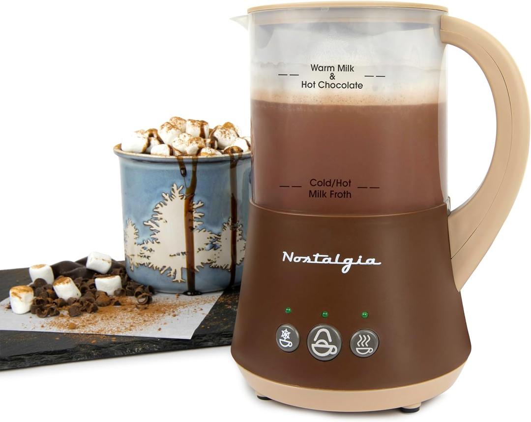 Nostalgia 32 Oz Frother and Hot Chocolate Maker, Warm or Cold Milk Foam, Includes Cocoa Bomb Mold, for Coffees, Lattes, Cappuccinos, Brown