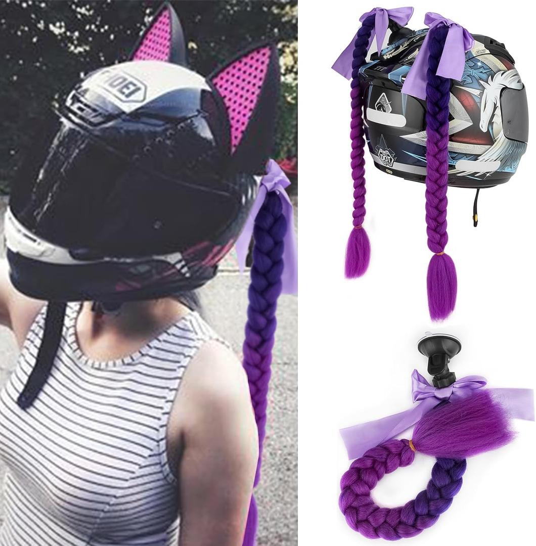 Helmet Pigtail Motorcycle Helmet Braids with Detachable Suction Cup with Bowknot Bicycle Helmet Ponytails Hair Tails Decoretion (20 Inch (Pack of 1), Dark Purple to Light Purple)