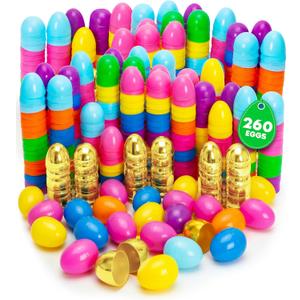 Taboom Bulk Easter Plastic Eggs 260 Count 2.3 Inch Empty Colored & Gold Fillable Egg with Strong Snap-Tight Seal For Easter Egg Hunts, Party Favors, Fillers & Basket Stuffers