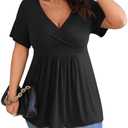 POSESHE Womens Plus Size Tops 2025 Summer Short Sleeves Tunic Tops Casual V-Neck Wrap Shirts Cute Dressy Work Blouses 4XL