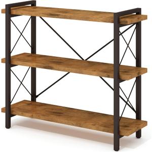 HCHQHS Bookshelf, 3-Tier Industrial Bookcase, Rustic Open Book Shelf, Wood and Metal Horizontal Bookshelves