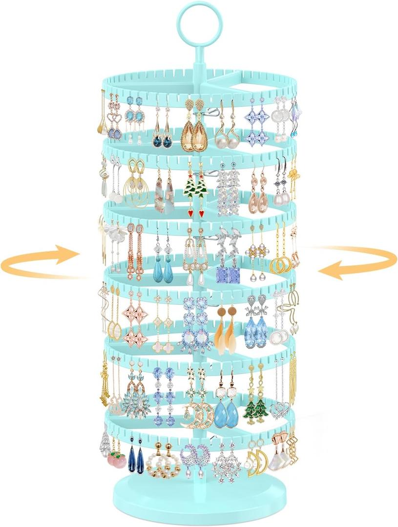 EsLuker.ly Earring Holder Organizer Rotating Stud Display Tree Rack with 342 U-Slots for Women Girls, Large Adjustable 6 Tier Plastic Storage Stand with Metal Tray for Pierced Hoop Post Earring, Blue