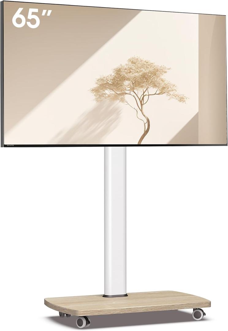 AOKCOS Rolling TV Stand for 32-65 Inch TVs, Portable Mobile TV Stand on Wheels, 8-Level Height Adjustable TV Cart with Swivel & Tilt Mount for Bedroom/Living Room/Office/Corner (White)