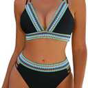 Blooming Jelly Womens High Waisted Bikini Sets Color Block Two Piece Swimsuit V Neck Crisscross Back Bathing Suit, M