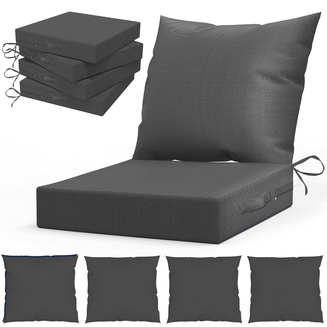 L’AGRATY Outdoor Chair Cushions for Patio Furniture：24" x 24" Deep Seat Cushions with Backrest for Couch Sofa Chair - Waterproof Fade-Resistant Patio Cushion(Set of 4,Grey)