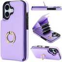 Folosu Compatible with iPhone 17 Case Wallet with Card Holder, 360°Rotation Finger Ring Holder Kickstand, RFID Blocking Leather Protective Double Buttons Shockproof Cover 6.3 Inch Purple