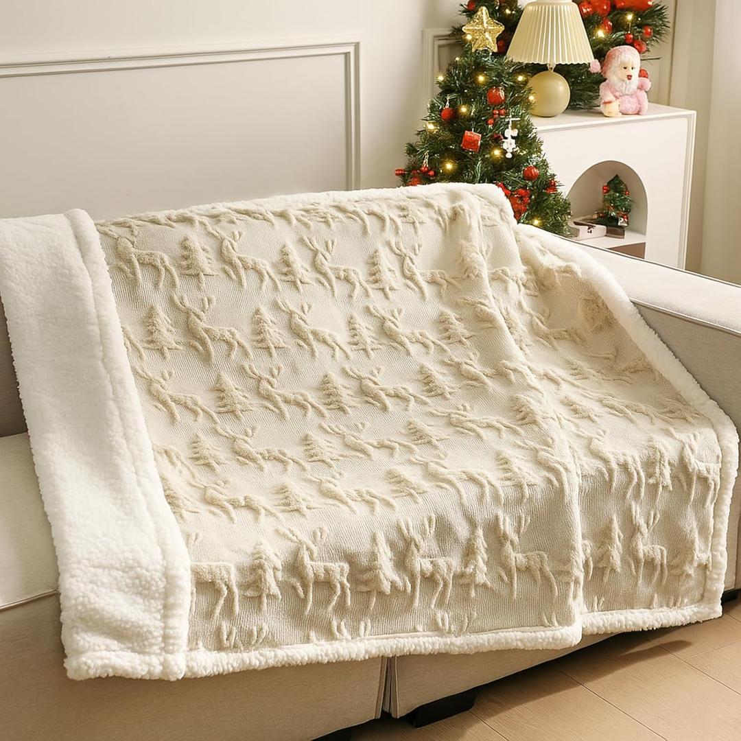 Beige Christmas Sherpa Throw Blanket 3D Christmas Tree Snowflake Reindeer Double-Sided Thick Soft Plush Fluffy Decoration for Couch, Bed, Sofa Holiday Party Gifts, 50" x 60"(Reindeer)