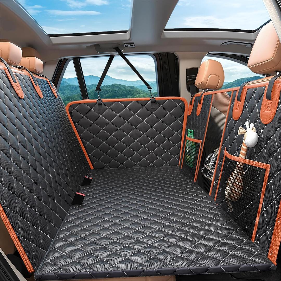 Back Seat Extender for Dogs, 500LBS Hard Bottom Dog Car Seat Cover for Back Seat, Upgraded 8-Layer Anti-Scratch Waterproof Large Space Dog Hammock for Car SUV Truck (OrangeBlack)