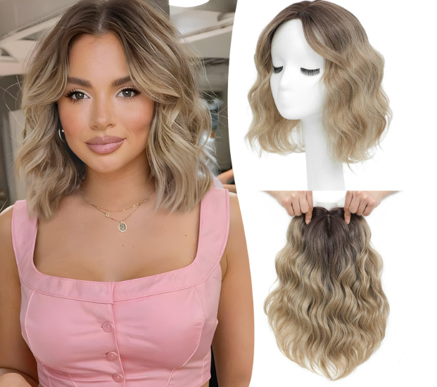 Ms Taj 11 Inch Short Wavy Hair Topper for Women with Thinning Hair, Natural Synthetic Lightweight & Breathable Hairpiece with 6.5"x6.5" Base, Instantly Adds Volume and Coverage（Ombre Brown Blonde） 