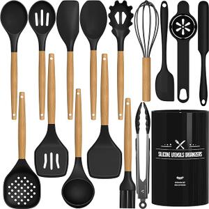 AIKKIL Silicone Cooking Kitchen Utensils Set, 16 Pcs Cooking Utensils Set with Holder, Heat Resistance, White Wooden Handle Silicone Kitchen Gadgets Utensil Set for Nonstick Cookware
