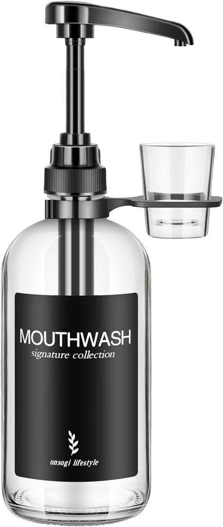 Clear Glass Mouthwash Dispenser with Black Cup Holder and Pump, 16 Oz Rustic Boho Mouthwash Dispenser for Bathroom Farmhouse Decor - 1 Pack