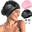 2 Pack Large Swim Caps for Long Hair, Silicone Swimming Cap for Adult Women Men, Waterproof Swim Hats Bathing Caps to Keep Hair Dry with Bonus Nose Clip and Earplugs (Black&Pink)