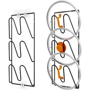2 Pack Pot Lid Organizer Rack, 6-Tier Pot Lids Holder for Cabinet Door/Wall, No Drilling Adhesive Wall/Door Mounted Rustproof Pot and Pan Cover for Kitchen Storage, Classic Black