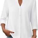 Zeagoo Button Down Shirts for Women 3/4 Sleeve Linen Cotton V Neck Tops Dressy Casual Loose Work Blouses (White, S)