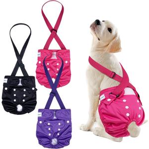 Pet Soft Dog Diapers Female with Suspenders, 3 Pack Reusable Female Dog Diapers for Heat, Dog Period Panties for Doggie in Cycle(Medium, Berry Mix) (Medium:14''-19'')