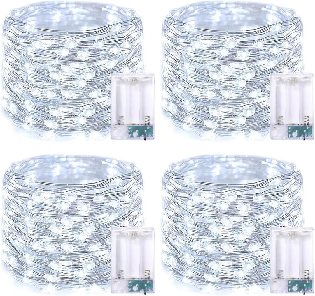 JMEXSUSS 4 Pack 50 LED White Fairy Lights Battery Operated, 16.1ft Christmas Fairy Lights Indoor, White String Lights Waterproof Outdoor for Party Wedding Birthday Holiday Decorations