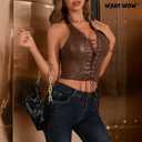 Waist Wow Women's PU Leather Halter Top Lace Up Front Crop Tank Tops Sleeveless Backless Sexy Corset Camisole Party Clubwear (Brown, S)