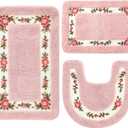 Drydiet 3 Pcs Rose Flowers Bathroom Rugs Set Coquette Room Decor Floral Carpet for Bathroom Bedroom Living Room, Floral Bath Mat Non Skid Romantic Rose Flower Area Rugs 3 Shapes(Pink,Small)