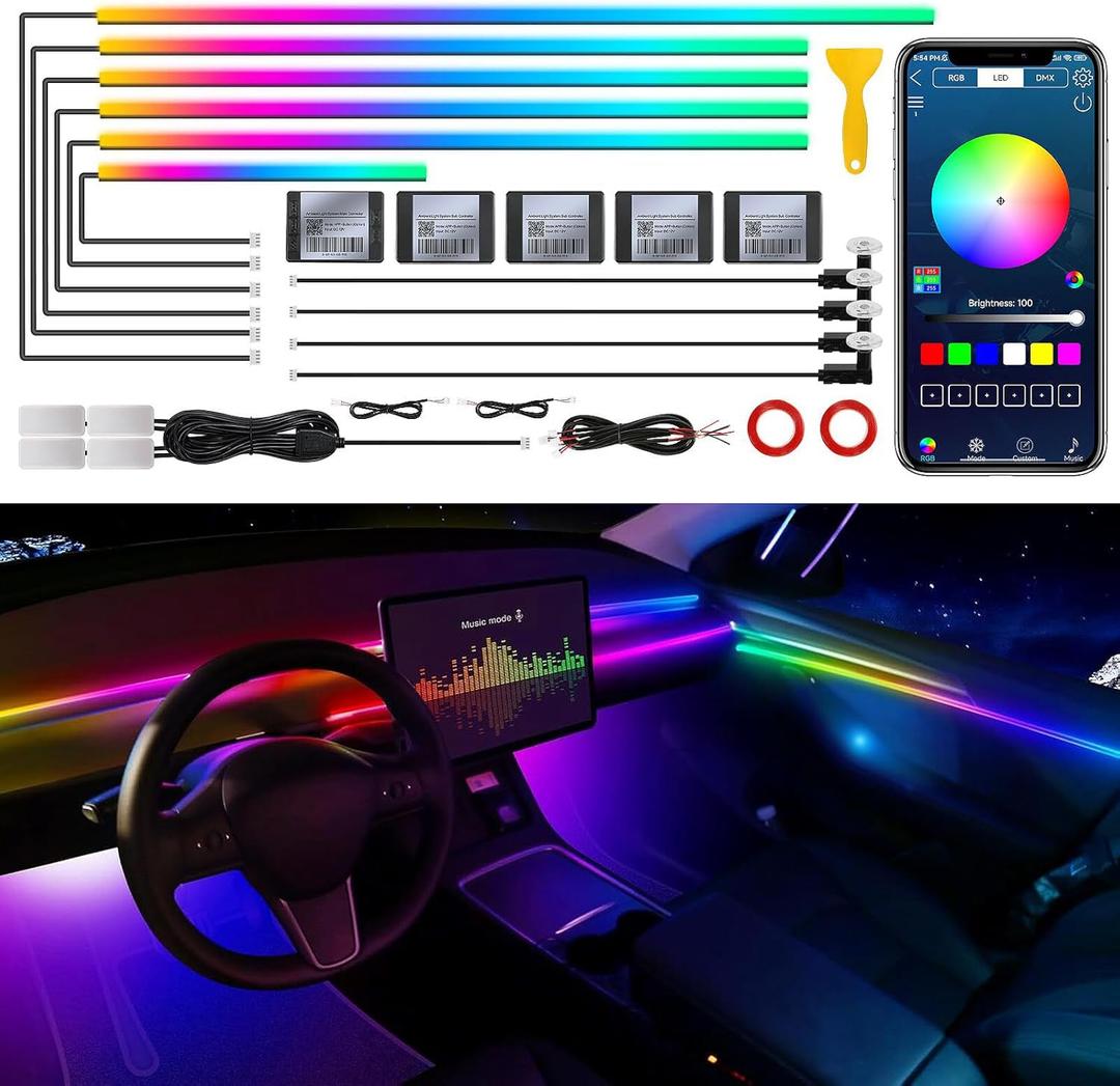 Dreamcolor Acrylic Interior Car LED Strip Light with Wireless APP, RGB 14 in 1 with 175 inches 593 Neon Car Ambient Lighting Kits, Dynamic Chasing Music Sync LEDs Fiber Optic Strip Lights for Car