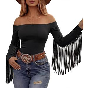 Women Fringe Top Western Off Shoulder Cowgirl Shirt Fitted Long Sleeve Tassels Top Country Concert Festival Outfit Large