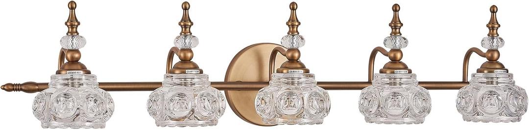 Brass 5-Light Bathroom Vanity Light, Vintage Bathroom Lighting Fixtures with Thick Crystal Glass Shade, Living Room
