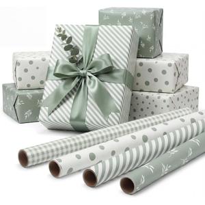 woric Sage Green Wrapping Paper 4 Rolls Gift Wrapping Paper with Stripe Polka Dot Check Beige Leaves Design for Wedding Baby Shower Graduation Birthday Spring Decor - 17 x 120 in(10ft) Per Roll