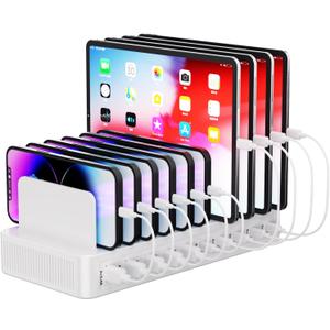 60W Charging Station for Multiple Devices, 10-Port USB Fast Charging Station with Adjustable Dividers - Device Organizer Charging Dock for iPhone, Android, iPad, Tablets & More (White)