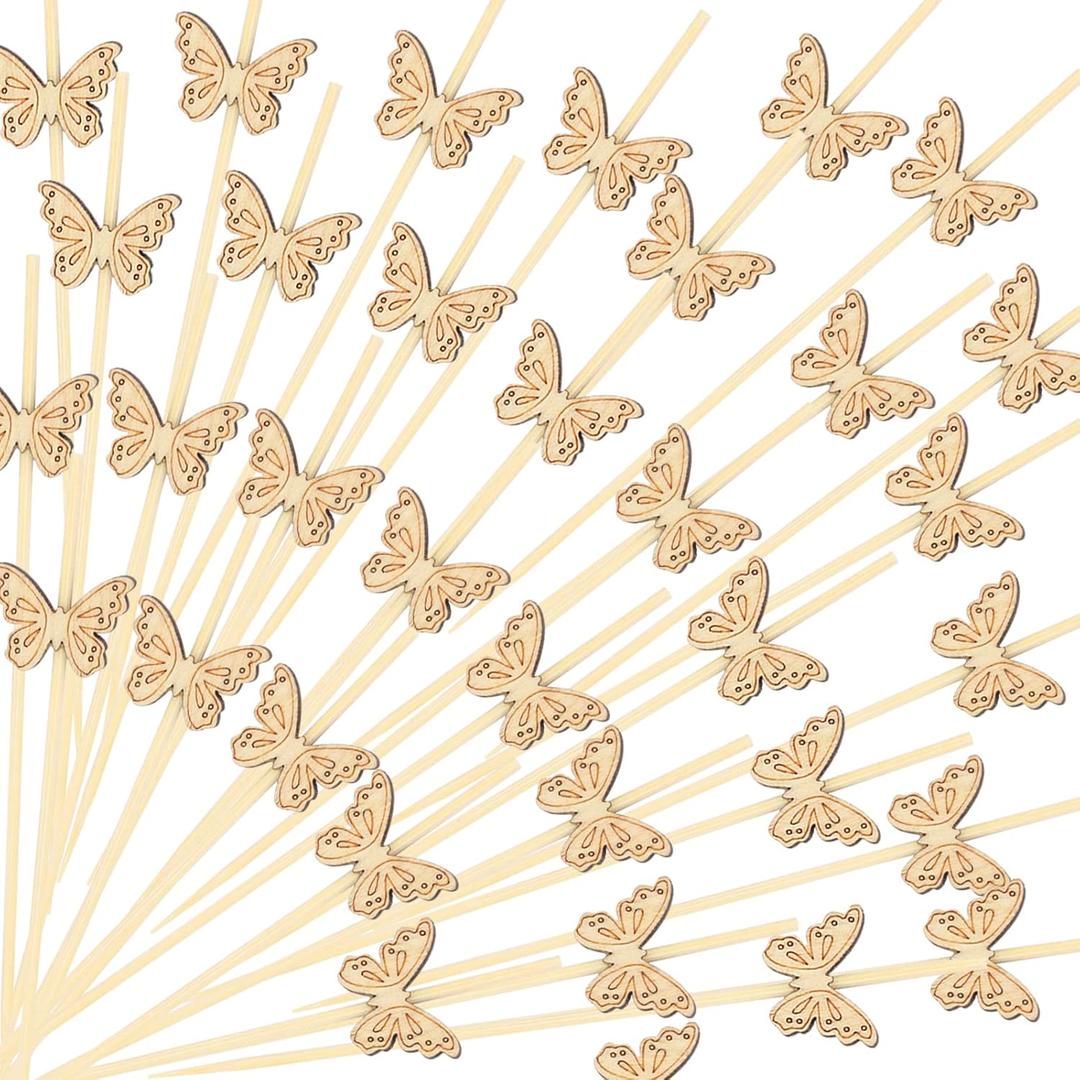 200PCS Disposable Bamboo Sticks for Party Decorations Cocktail Picks for Drinks,4.7 Inch Fruit Honeycomb Food Sticks Skewers Toothpicks with Butterfly Shape for Appetizers Hawaiian Party Beach Holiday