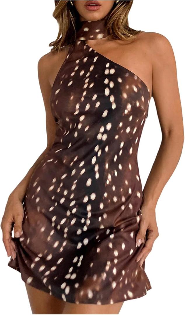 MakeMeChic Women's Animal Print Dress Summer Halter Mini Off The Shoulder Going Out Short Backless Party Dresses Coffee X-Large