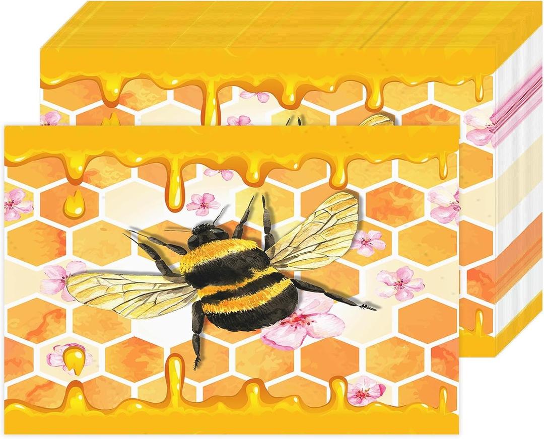 Bayson 50 Pieces Summer Bee Honey Colorful Paper Placemats Disposable Durable Yellow Farm Flower Place Mats Great for Party Holiday Kitchen Dining Room Table Decorations 11" x 17"