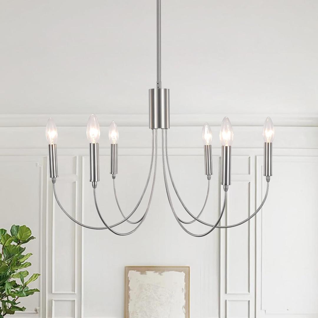 Modern Chandeliers for Dining Room, 6-Lights Vintage Farmhouse Chandeliers, Large Brushed Nickel Hanging Light Fixture for Dining Room Kitchen Island Living Room, 23.6" Diameter, Adjustable Height