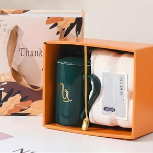 KUYRA Ceramic Coffee Mug Gift Set with Lid, Towel & Golden Spoon 12 oz Coffee, Cappuccino & Cocoa Cup, Wedding Gifts for Couples, Birthday Gifts for Women, Creative Opening Activities Small Gift Boxes