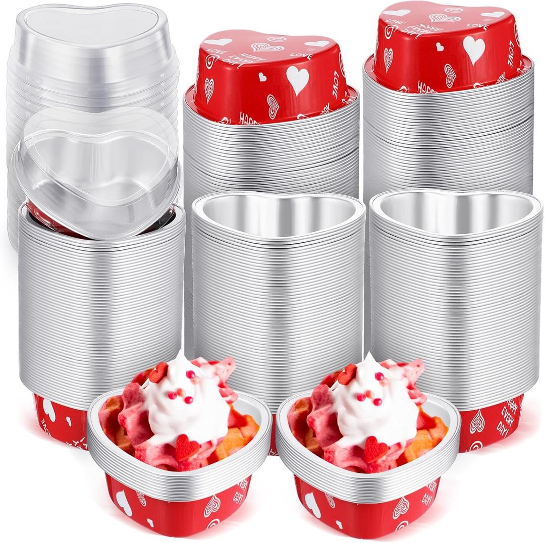 Domensi 100 Sets Aluminum Foil Heart Shaped Cake Pans Mini Cupcake Cup with Lids Flan Pan Disposable Flan Baking Cups for Valentine's Day Mother's Day Wedding Birthday(Classic,3.4 oz)