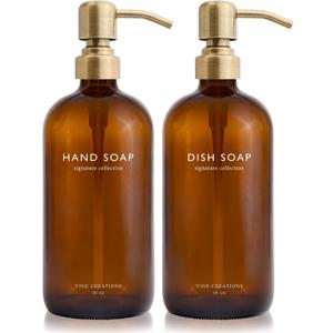Vine Creations Amber Glass Soap Dispenser Set, Dish Soap and Hand Soap Dispenser Set with Stainless Steel Pump, 16 oz Glass Dispensers for Kitchen or Bathroom Decor (Amber Bottle/Brushed Brass Pump)