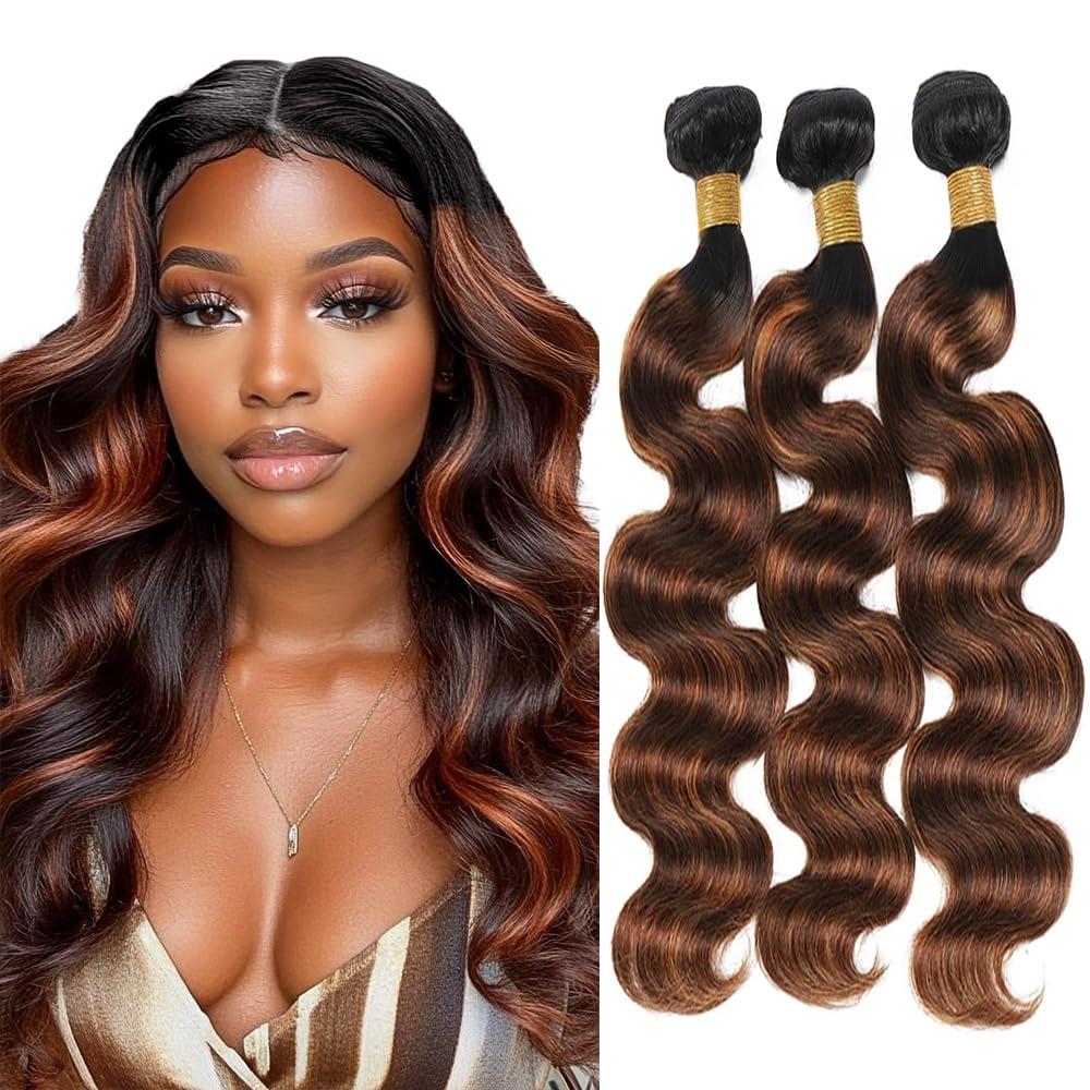 Ombre Body Wave Bundles Human Hair T1b430 Highlight Three Tone Color 4 Mixed With Color 30 Bundles 14 16 18 inch Double Weft Brazilian Remy Hair Extensions for Women (T1BP430 Brown -BD)