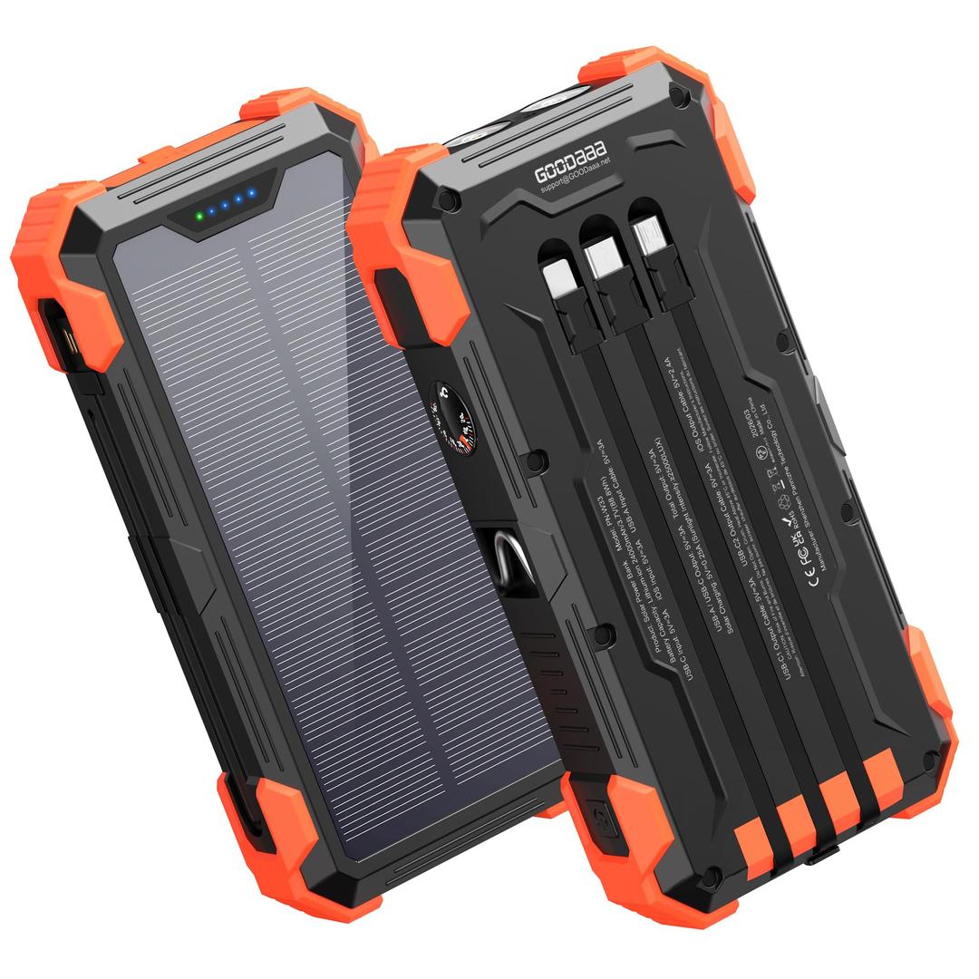 GOODaaa Portable Charger 24000mAh Built in 4 Cables and Thermometer 15W Fast Charging Power Bank Five Outputs Three Inputs Solar Charger Power Bank, SOS/Strobe/Strong Flashlights, Carabiner