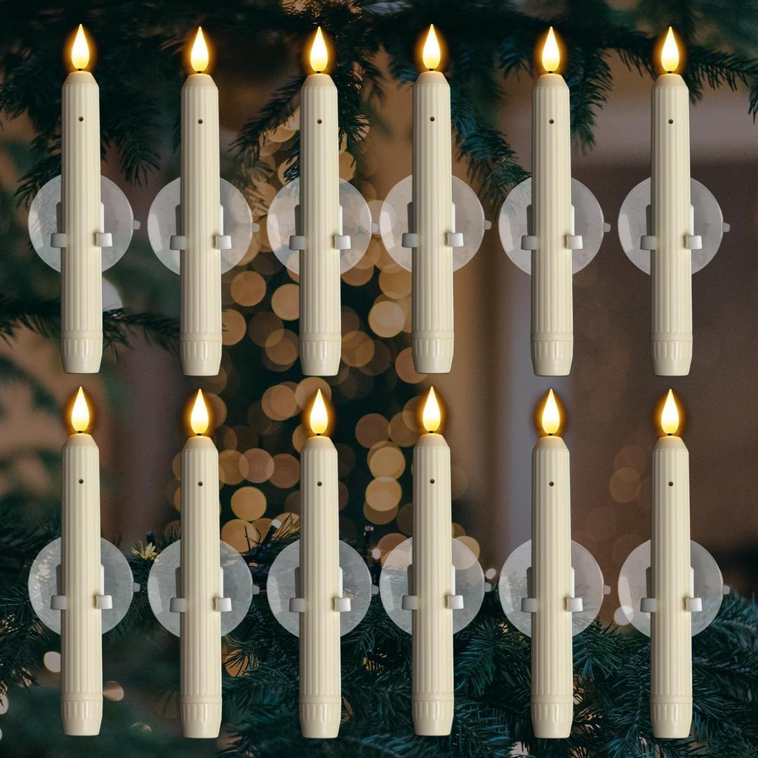 Homemory 12 Pcs Window Candles with Sensor Dusk to Dawn, Ivory Striped Candlesticks with Suction Cups, Roman Column Christmas Window Candle Battery Operated, Flameless Led Taper Candles for Windows