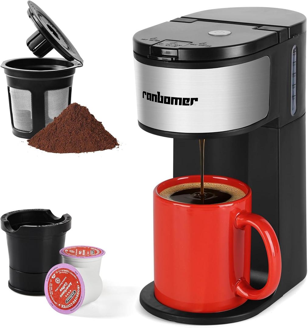 Ranbomer K Cup Coffee Maker, Single Serve coffee machine or Ground Coffee Machine 2 in 1, 6 to 14 Oz Brew Sizes, Mini One Cup Coffee Maker with Self cleaning Function, Fits Travel Mug Black